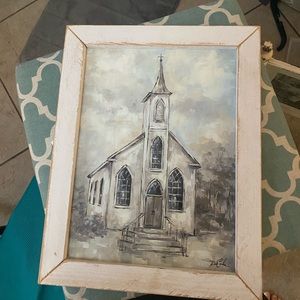 Church framed art with distressed white frame